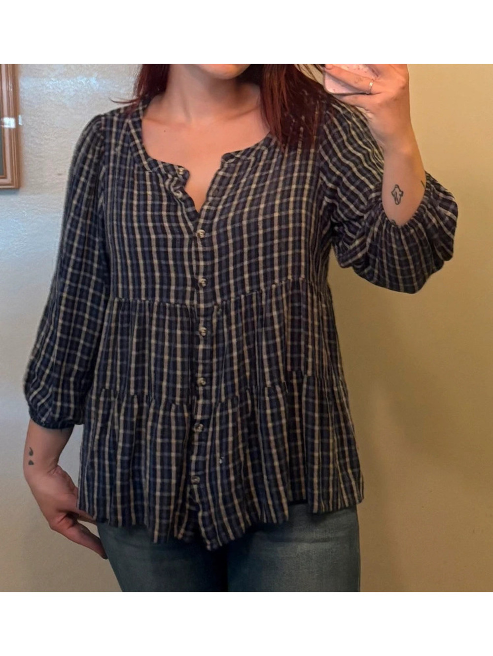Lucky Brand Blue Plaid Babydoll Henley Top